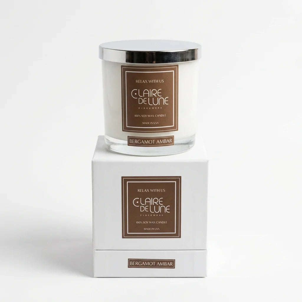 Candle White Gloss Shiny Silver Lid Bergamot Amber 8oz (CalmMe)