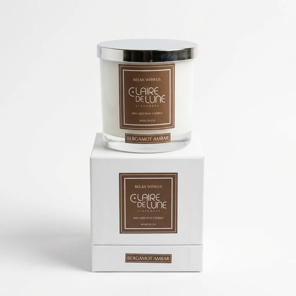 Candle White Gloss Shiny Silver Lid Bergamot Amber 8oz (CalmMe)